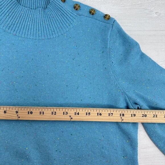 Talbots Mock Neck Sweater Dress Size Medium Aqua Blue Speckled Shoulder Buttons - Picture 11 of 15